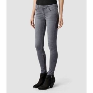 ALLSAINTS Women’s RAIL Low Rise Skinny Fit Stretch Jeans Grey Wash Ankle Zip